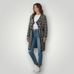 August Silk Geometric Open Front Cardigan Womens Medium Black White Longline Kni
